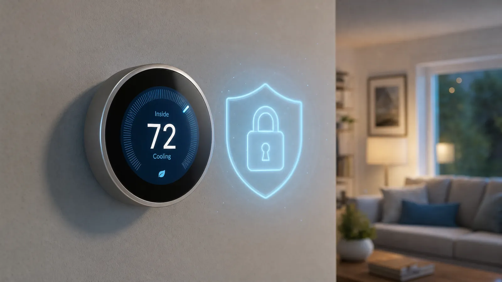 A smart thermostat on a wall with a glowing shield icon, representing privacy and security