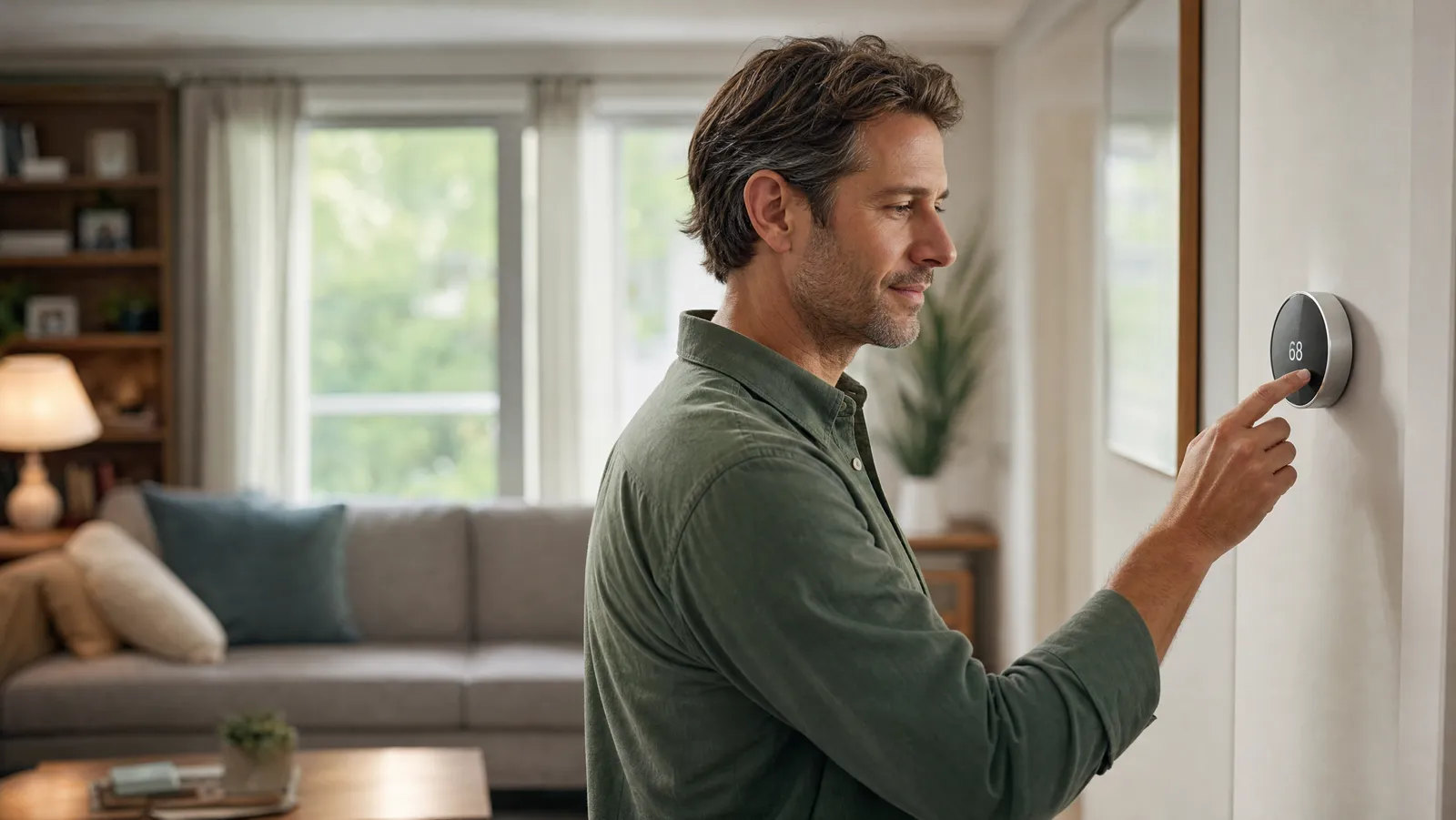 A homeowner thoughtfully adjusting a smart thermostat, weighing whether it is worth it