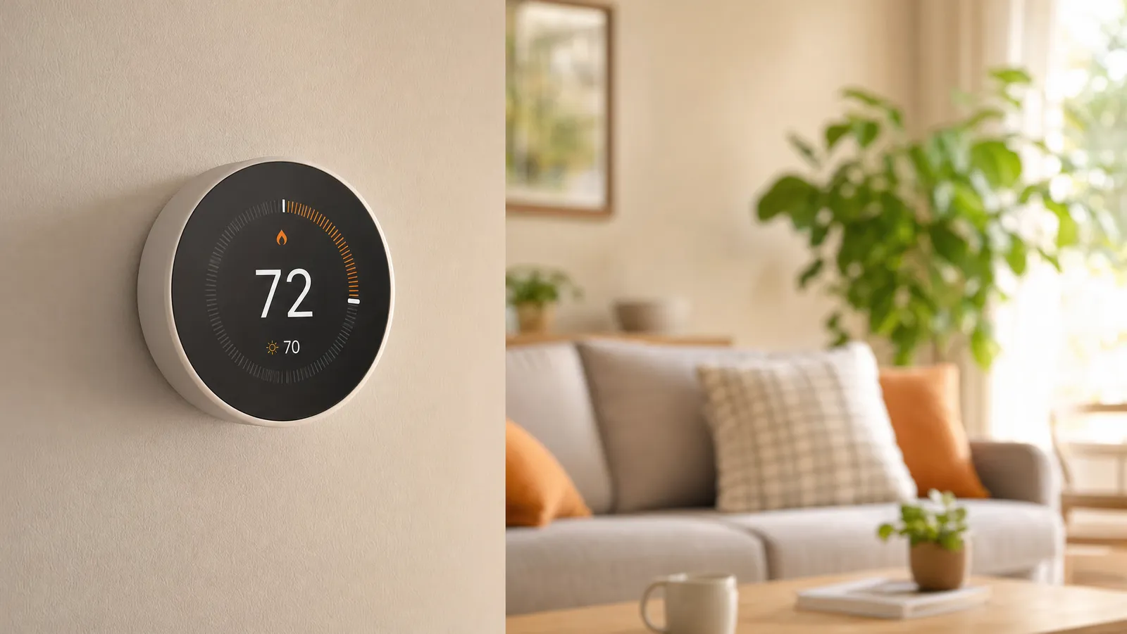 An affordable modern smart thermostat on the wall of a cozy sunlit living room
