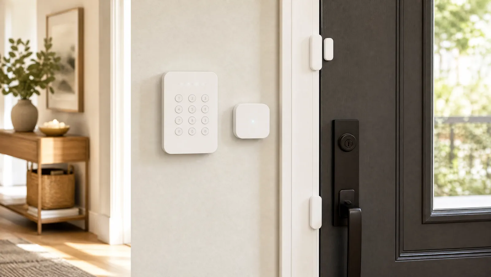 DIY smart home alarm system with keypad and door sensors mounted by a front door