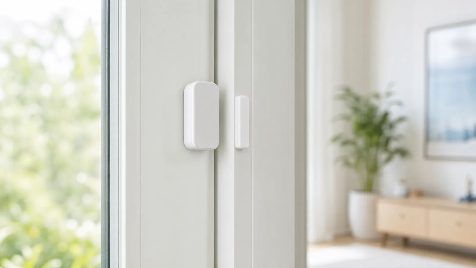 A small white wireless contact sensor mounted on a window frame in a bright modern home