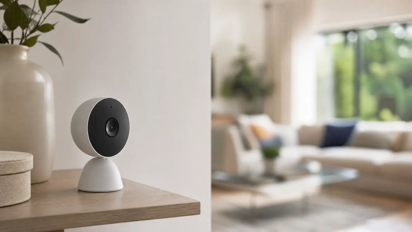 Small modern indoor security camera on a shelf in a bright living room