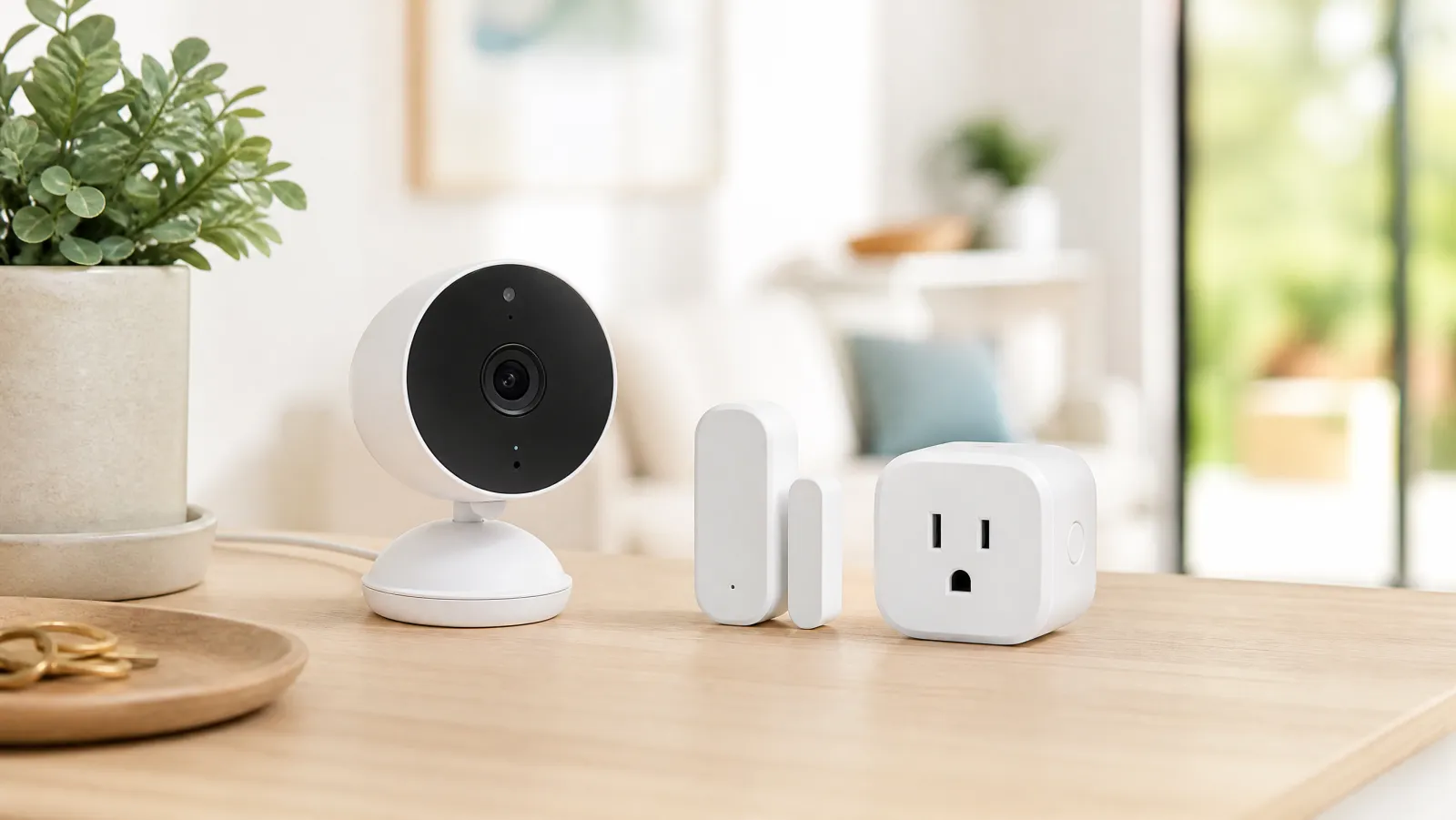 Starter smart home security devices including a compact camera, sensor, and smart plug on a clean table