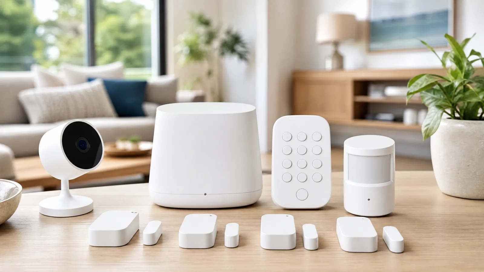 All-in-one home security kit with hub, keypad, sensors, and camera laid out on a clean surface