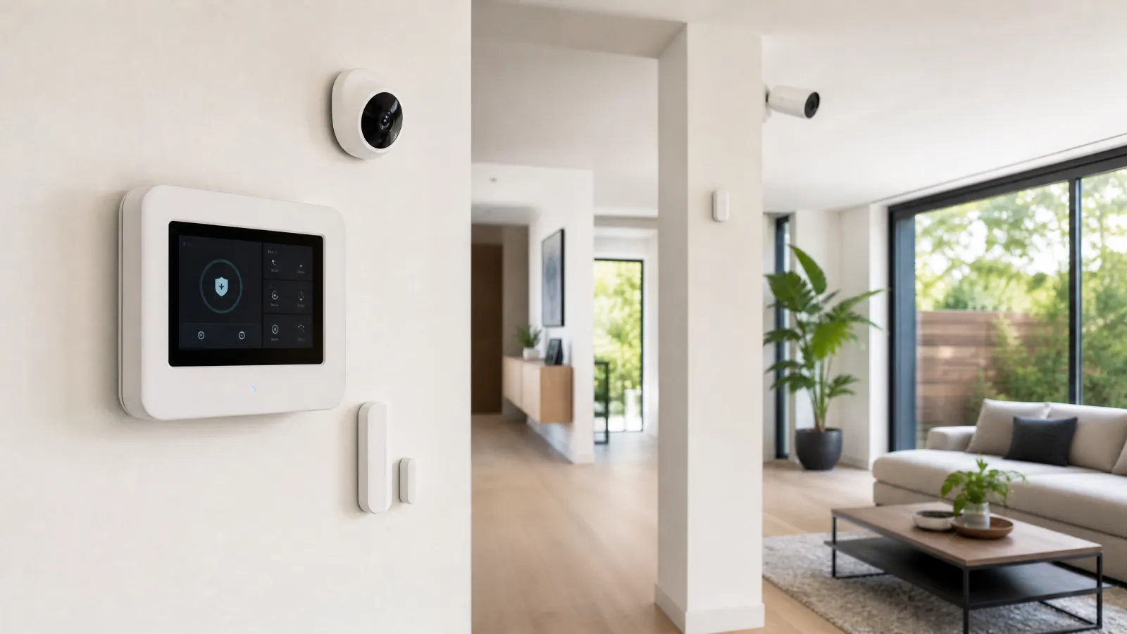 Smart home security system hub, cameras, and sensors in a bright modern home