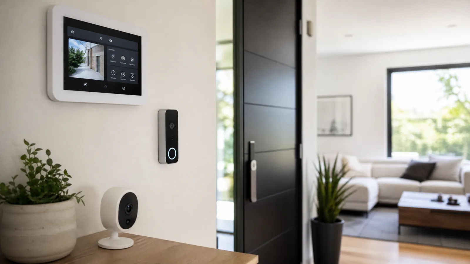 Smart home security setup with control panel, video doorbell, and camera