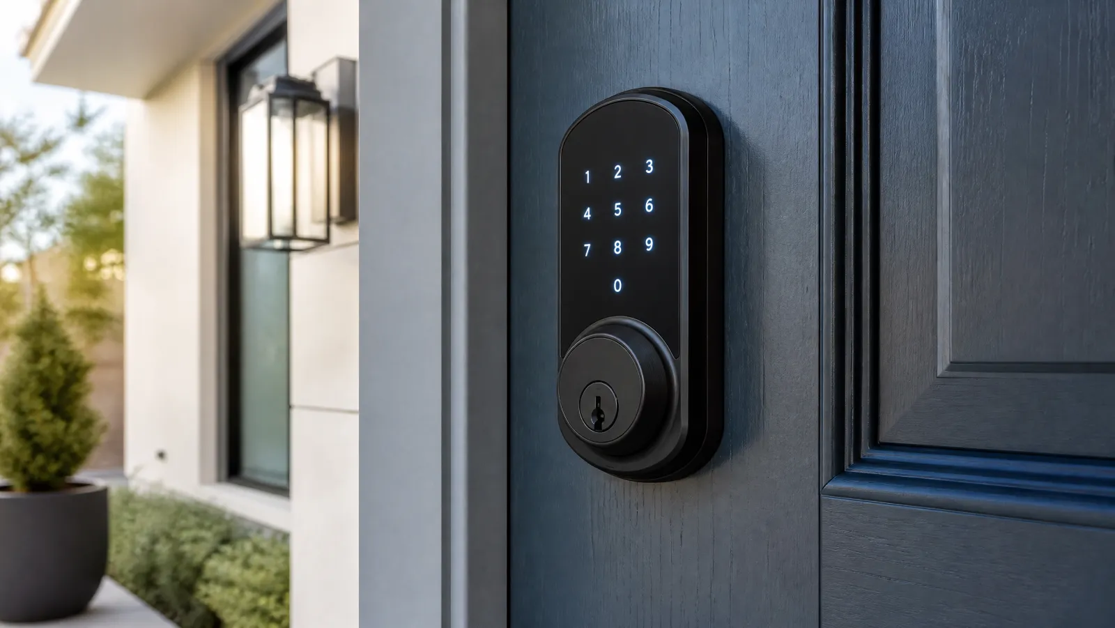 Modern keypad smart lock deadbolt on a stylish front door