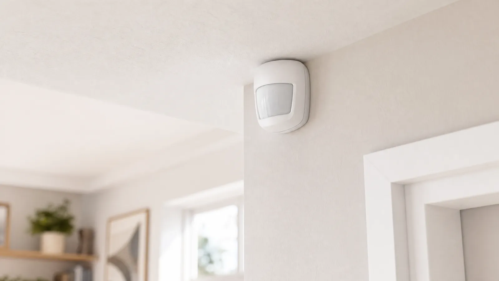 Small white smart motion sensor mounted in the corner of a bright modern room