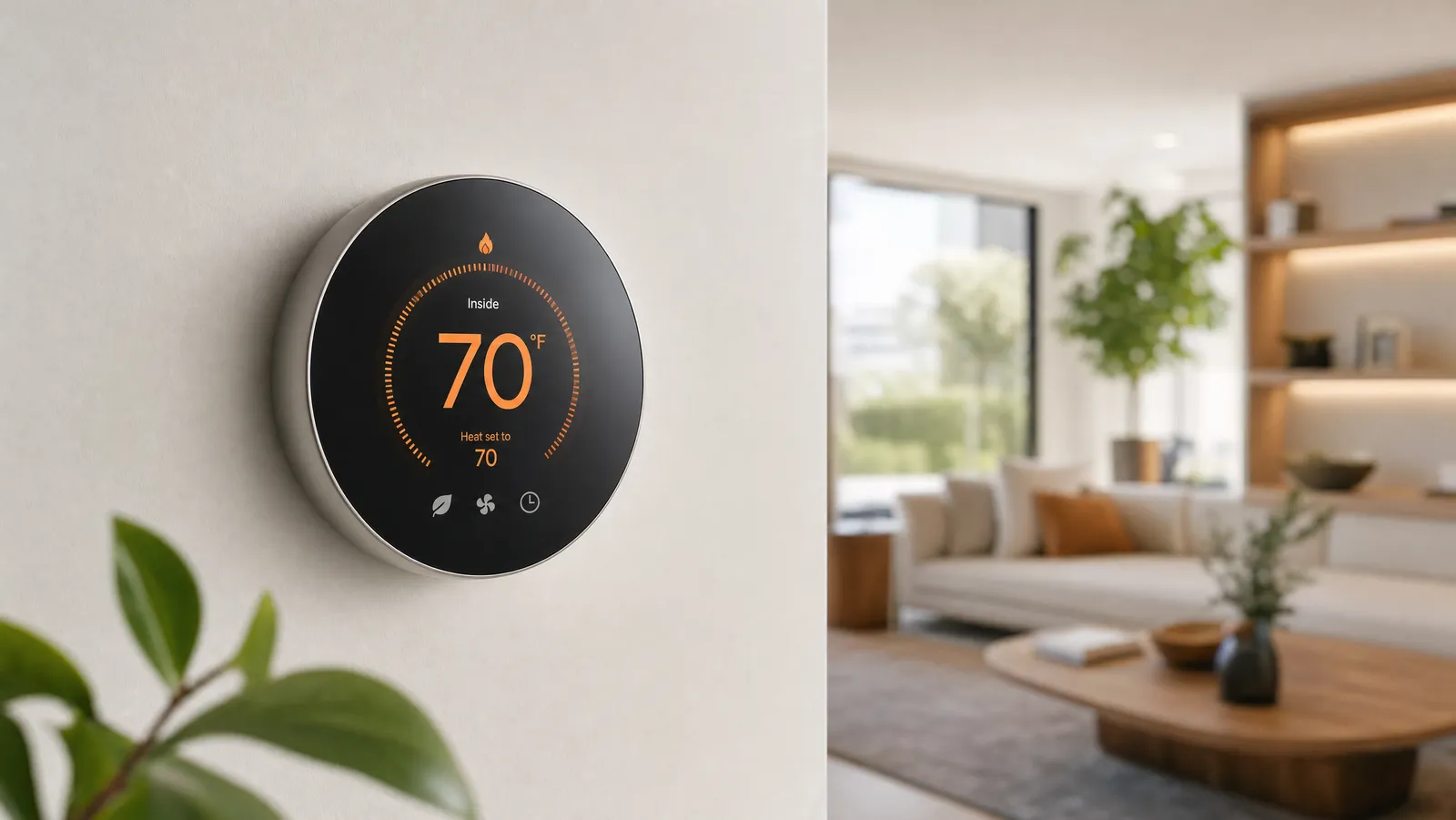 Sleek smart thermostat on the wall of a bright modern living room showing 70 degrees