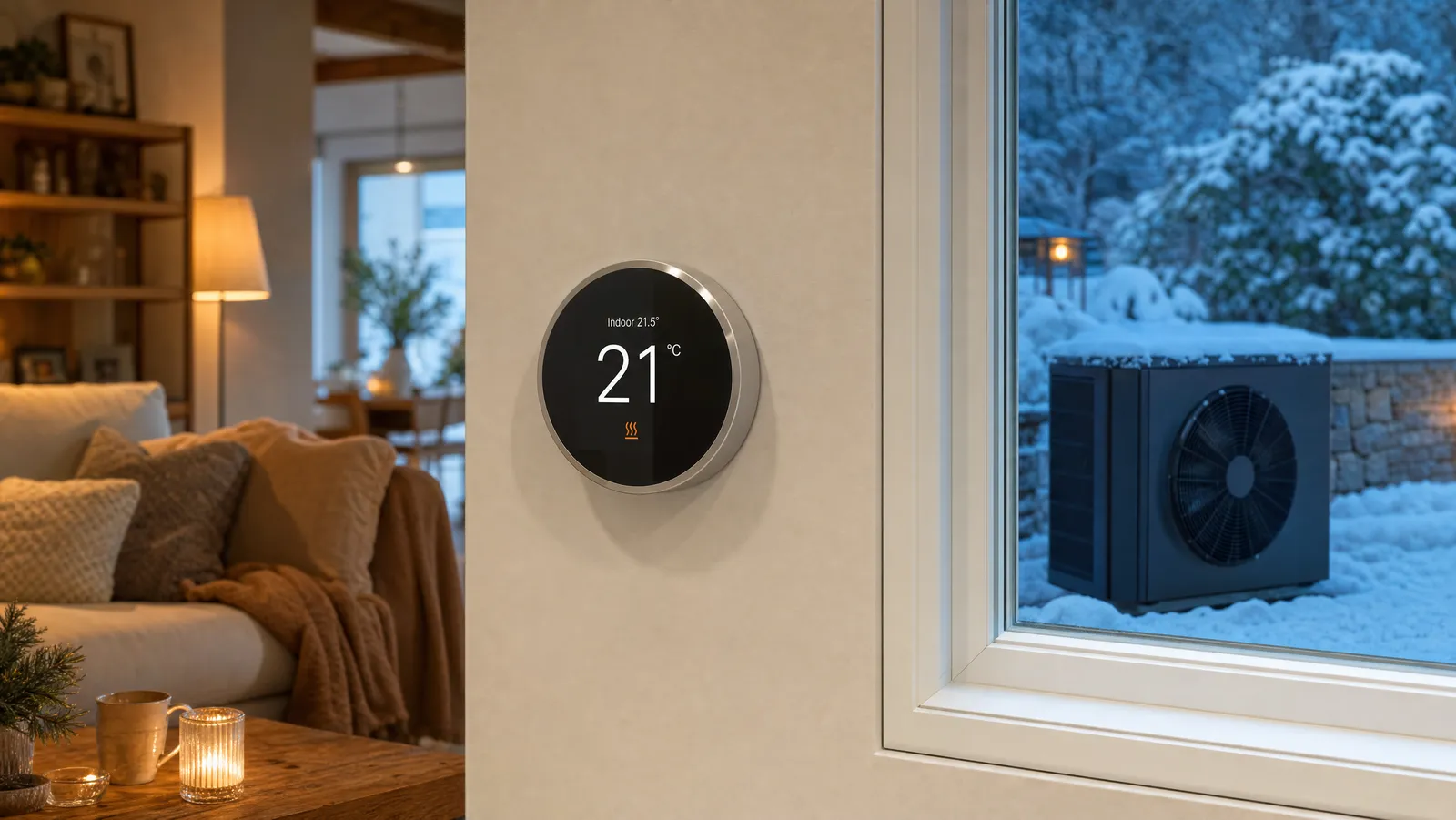 Smart thermostat on an interior wall with an outdoor heat pump visible through a snowy window
