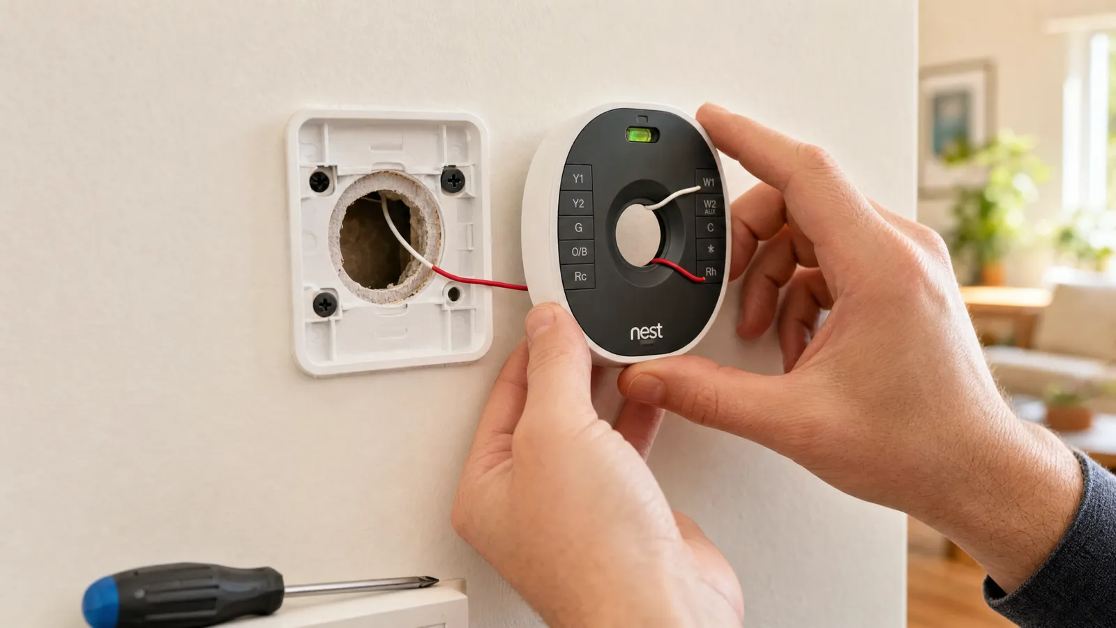Hands installing a smart thermostat on a wall with only two wires and no C-wire