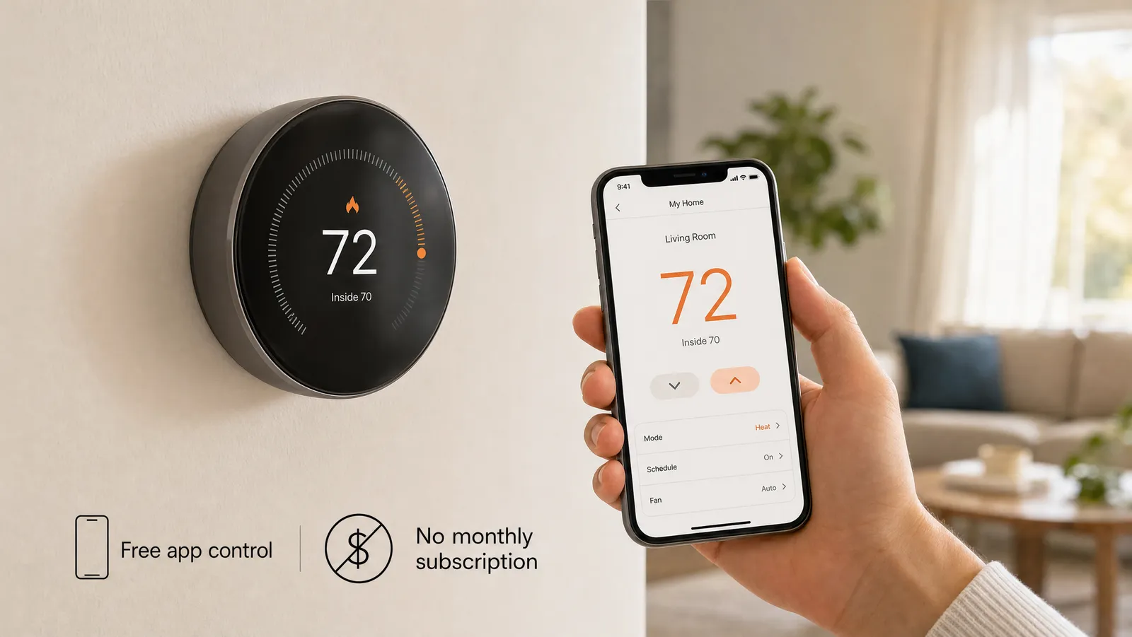 A smart thermostat on a wall beside a phone app, with no monthly subscription required