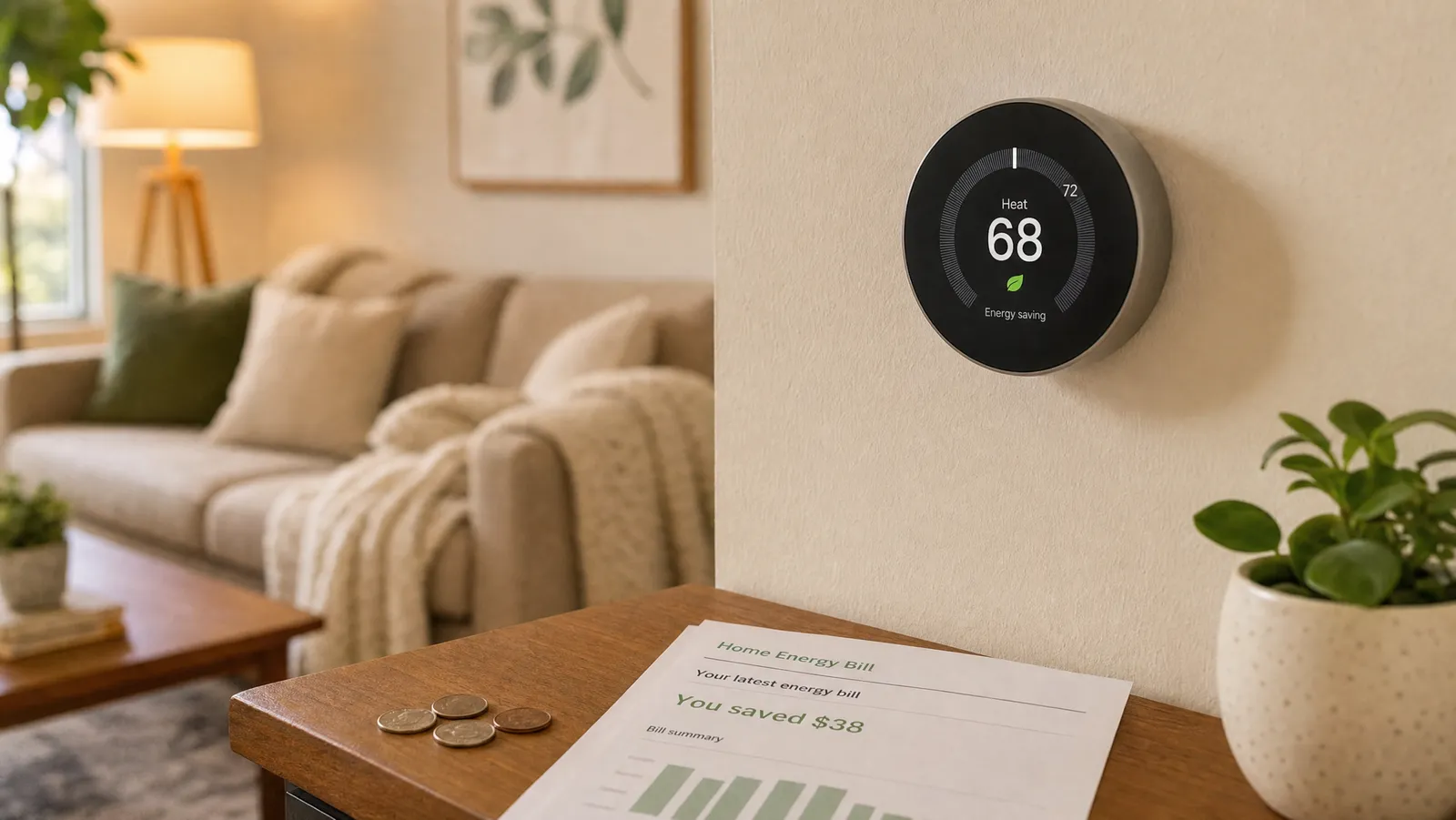 A smart thermostat on a wall beside an energy bill, conveying lower heating and cooling costs