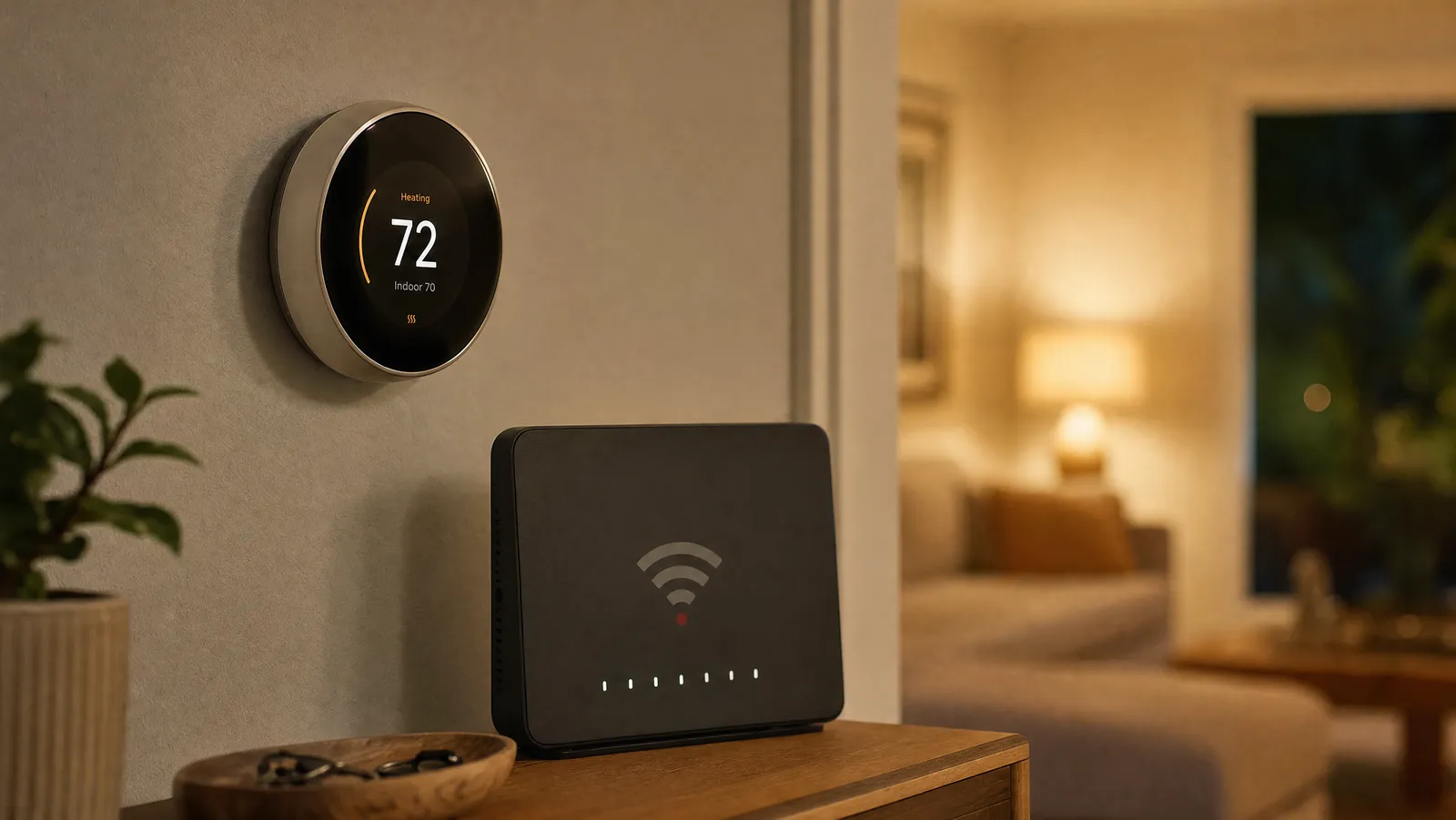 A smart thermostat on a wall near a Wi-Fi router with a weak signal, still working offline