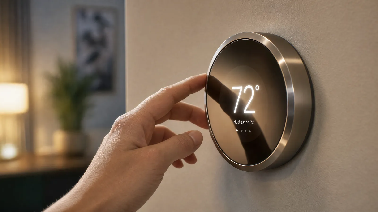 Premium round smart thermostat with a polished metal ring glowing on a wall