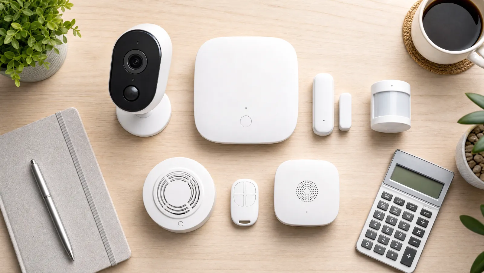 Smart home security components with a calculator and notebook on a bright desk