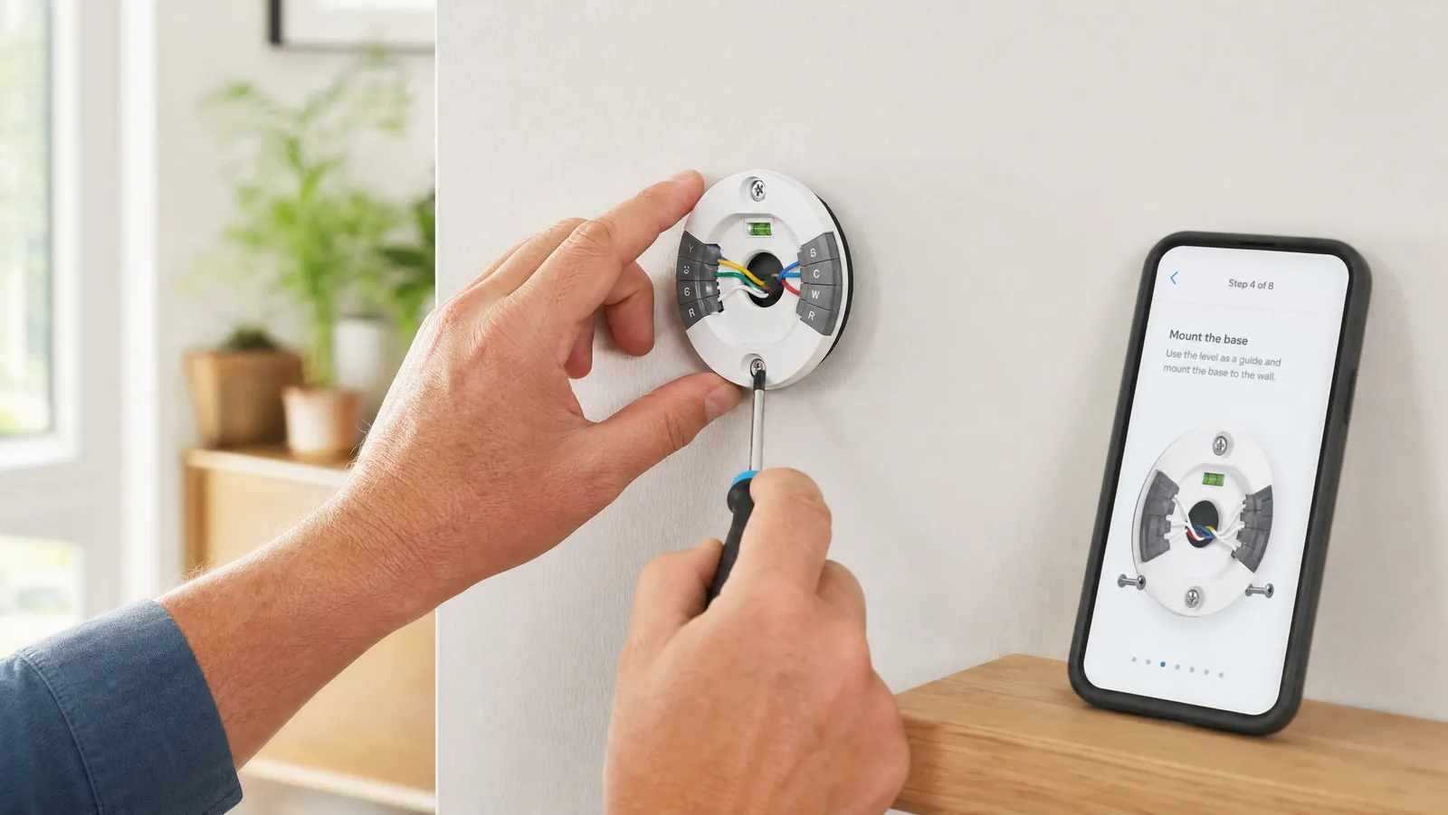 A person mounting a smart thermostat base plate to the wall with a screwdriver and phone app guidance