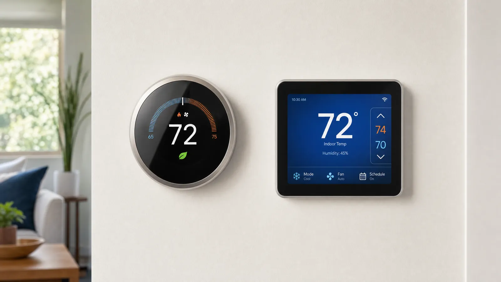 A round smart thermostat and a square touchscreen smart thermostat mounted side by side for comparison