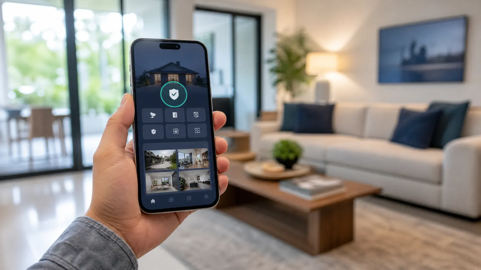 Hand holding a smartphone showing a home security app dashboard in a bright modern living room