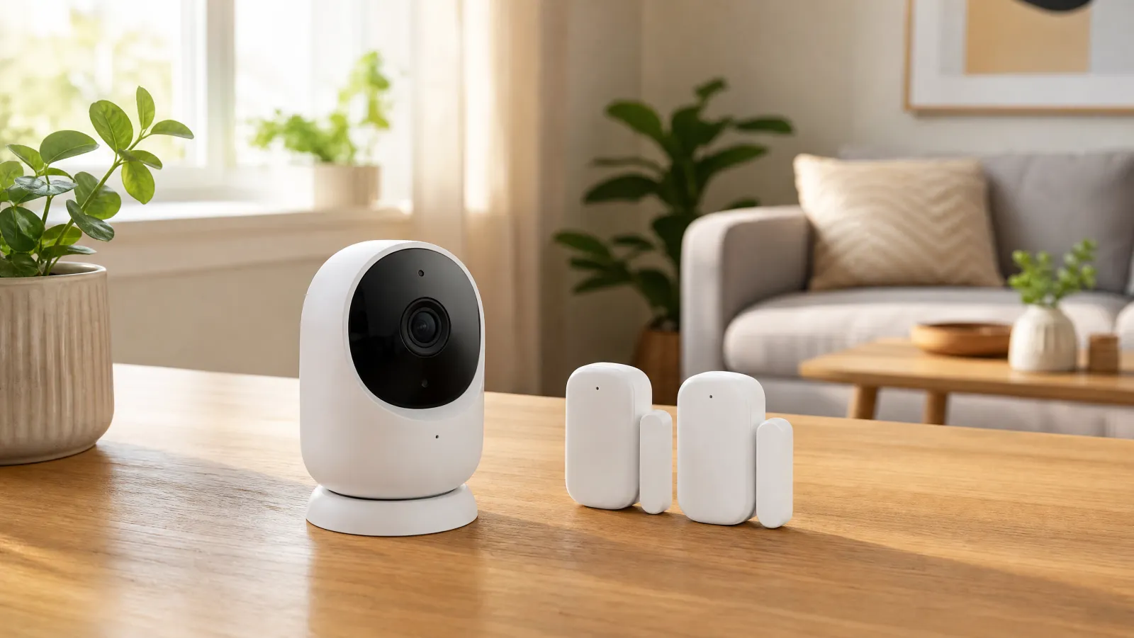 Affordable wifi security camera and door and window sensors on a table in a cozy apartment