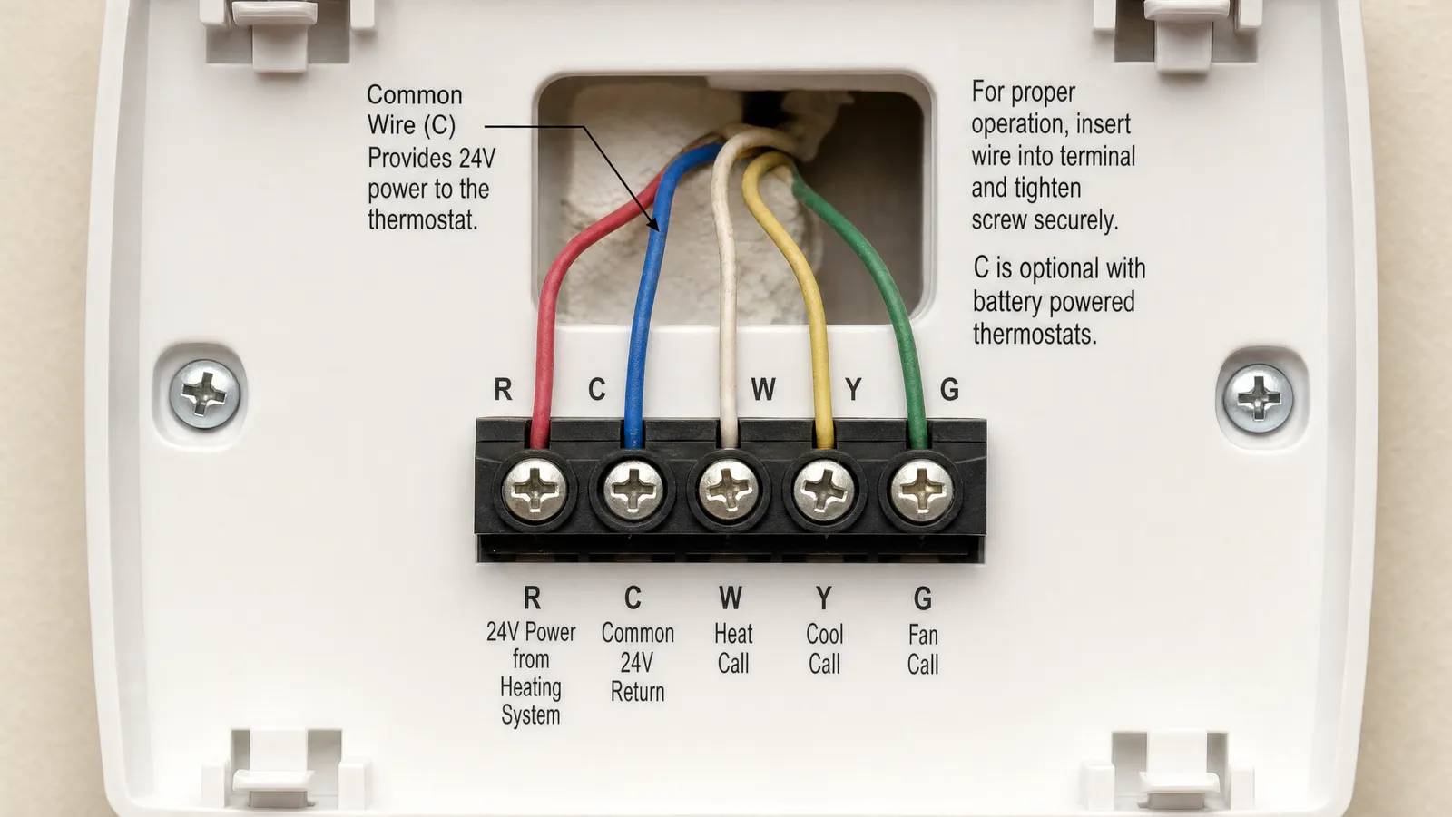 Close-up of thermostat wiring terminals labeled R, C, W, Y and G with colored wires