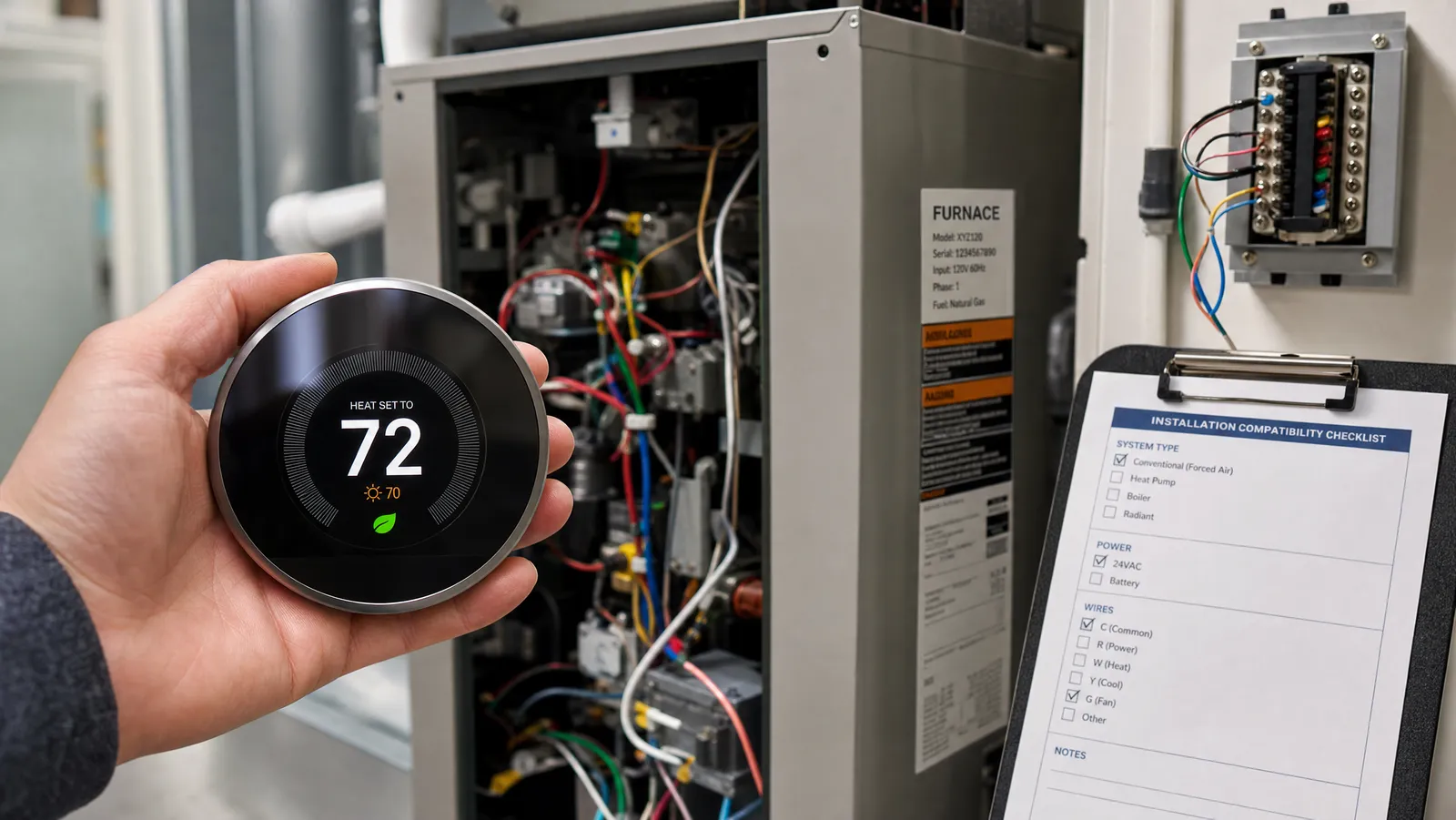 A smart thermostat held next to a home furnace and HVAC wiring during a compatibility check