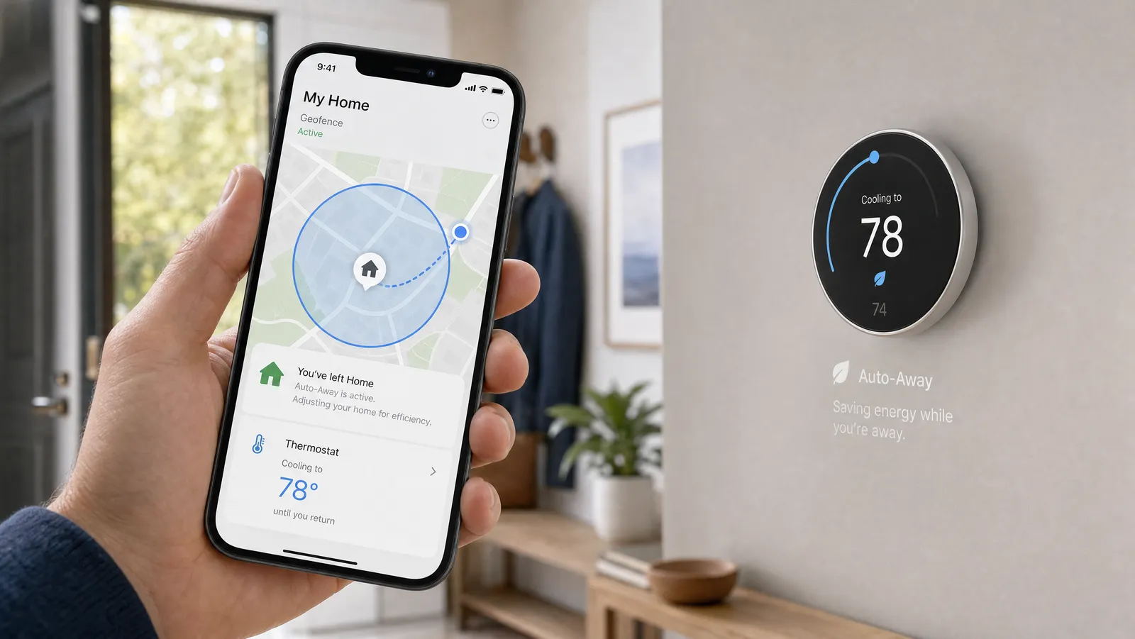 A phone showing a geofence around a house while a thermostat eases back as the owner leaves