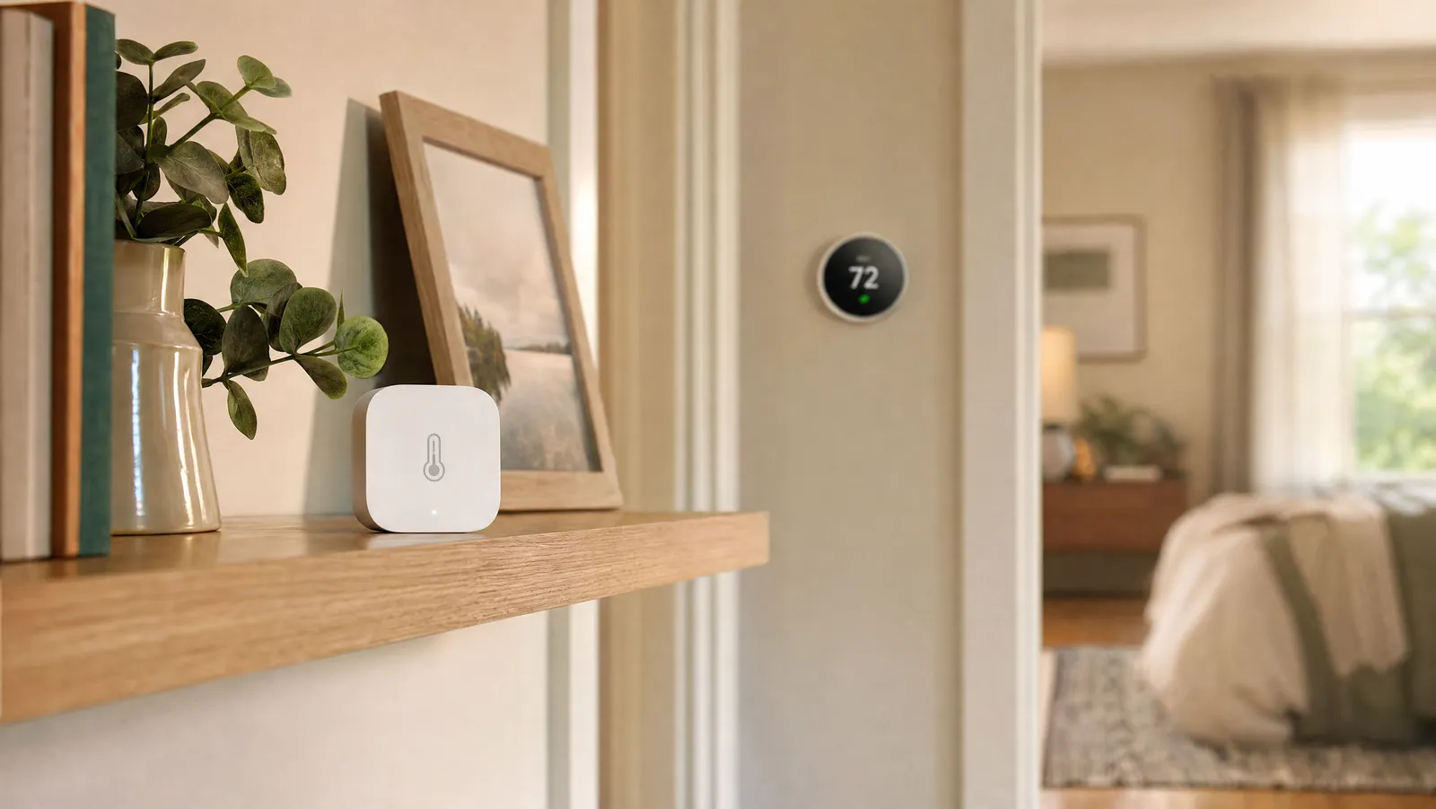 A small wireless room temperature sensor on a bedroom shelf with a thermostat in the hallway beyond