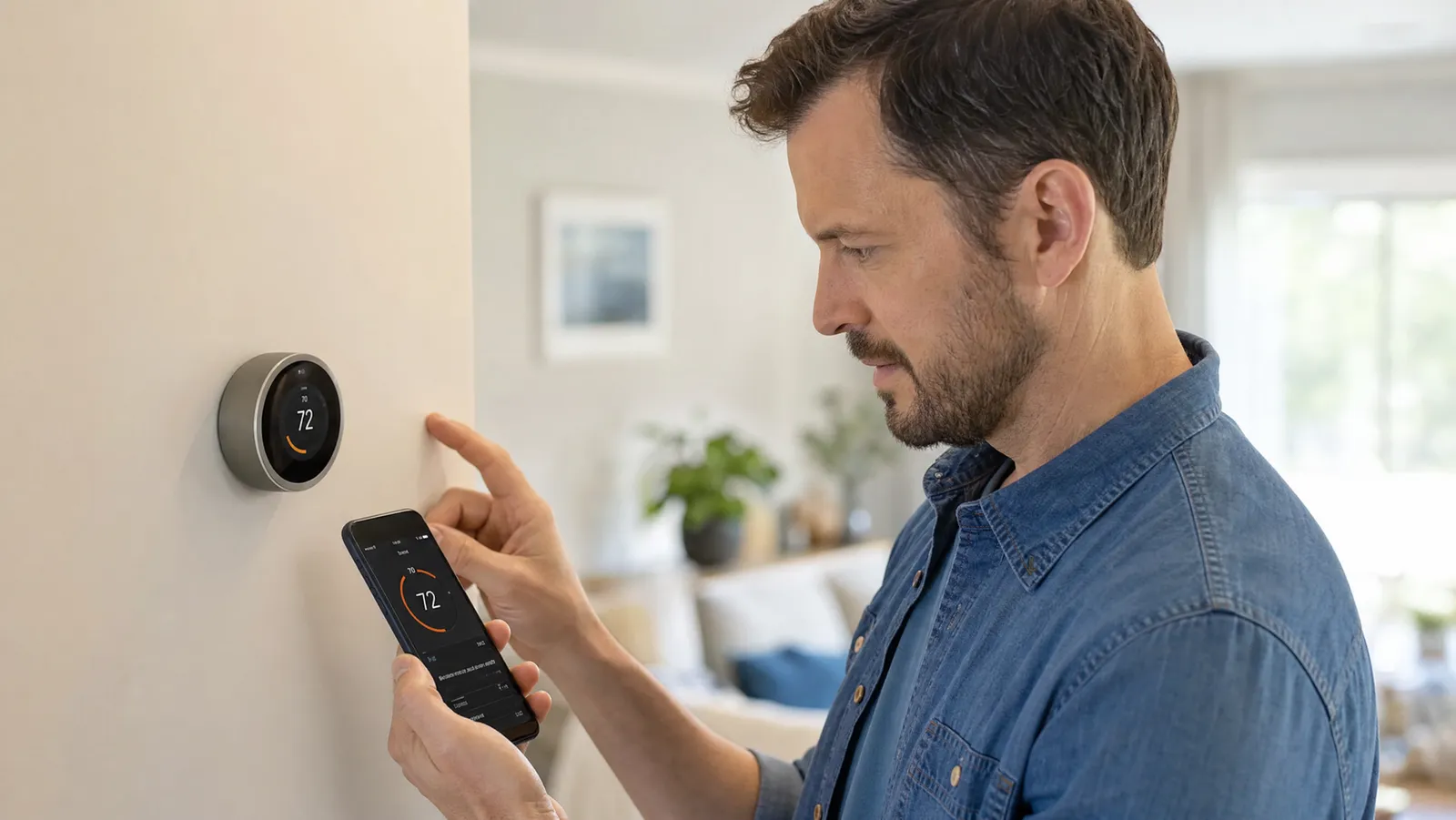 A person troubleshooting a smart thermostat on the wall using a phone app