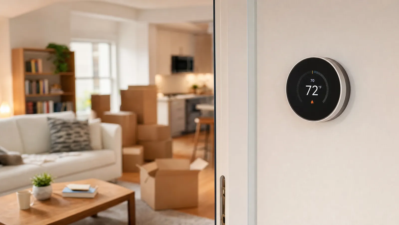 A smart thermostat on the wall of a small modern apartment with moving boxes nearby
