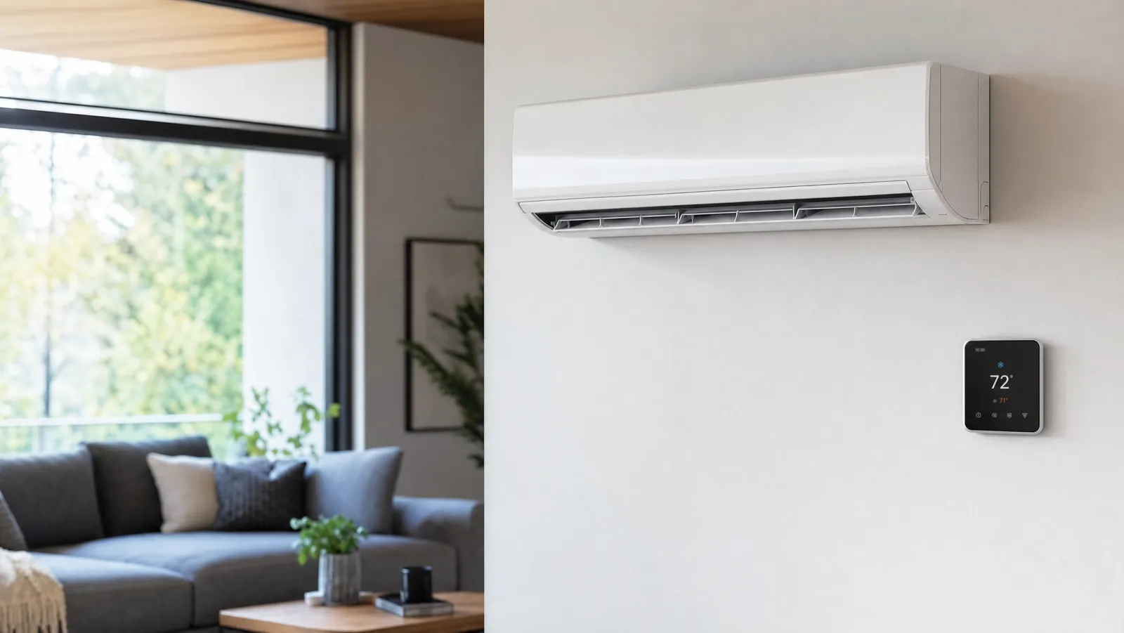 A wall-mounted ductless mini-split unit with a small smart controller on the wall nearby