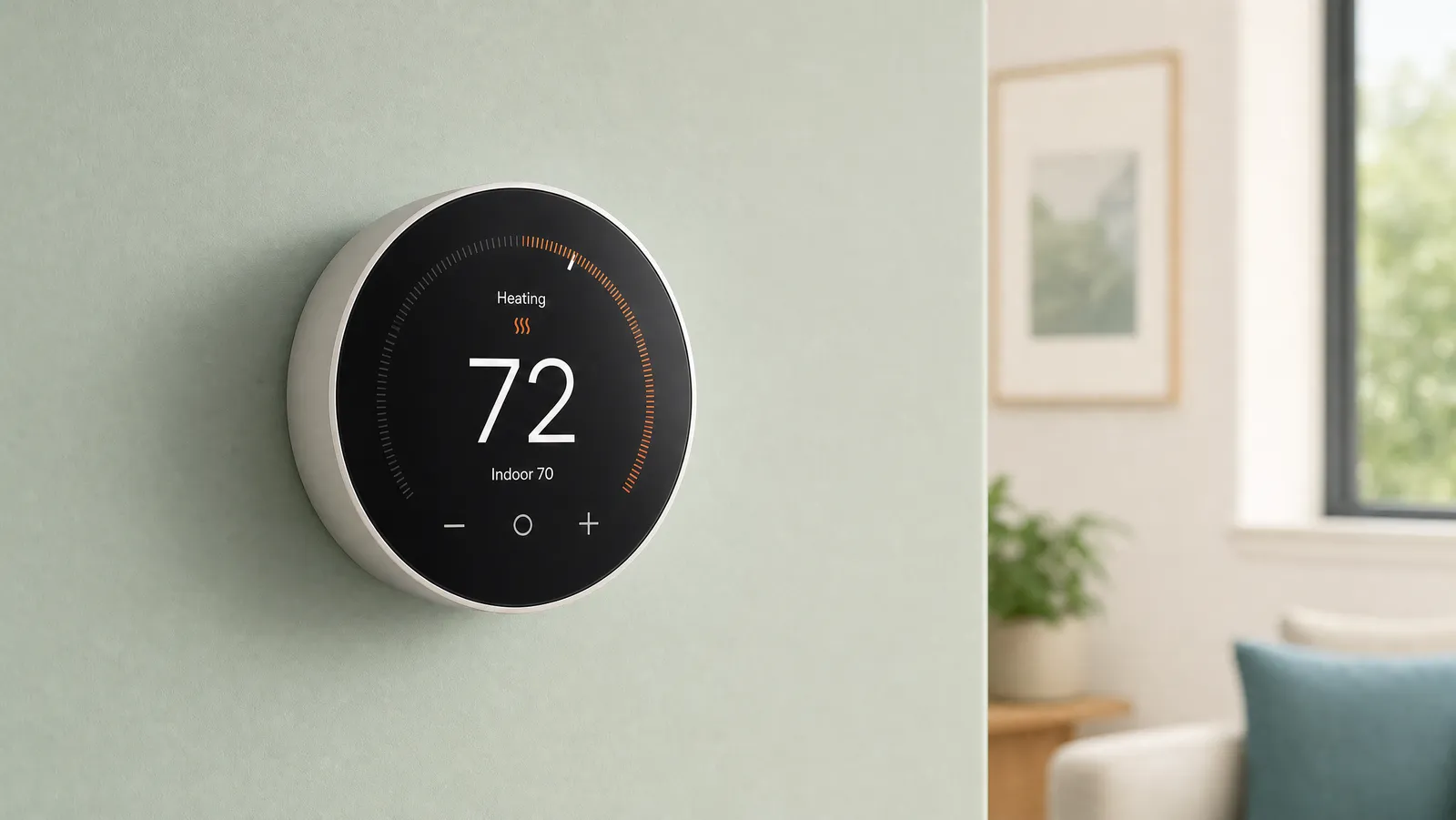 A clean modern smart thermostat on a wall in an explainer-style product shot