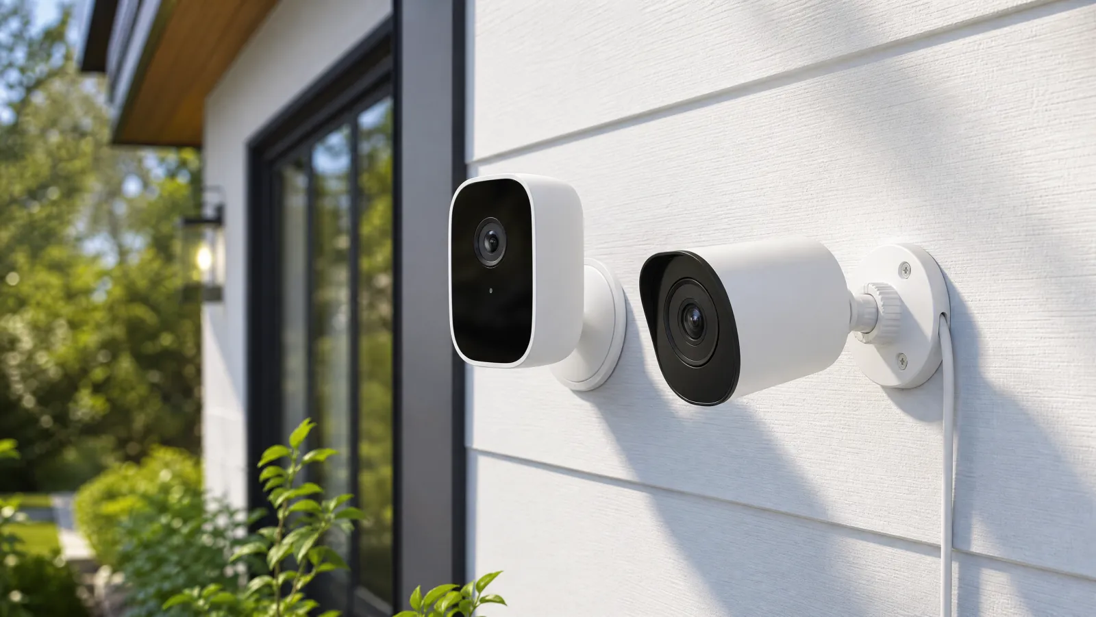 A wireless security camera and a wired security camera mounted side by side on a modern home exterior in daylight